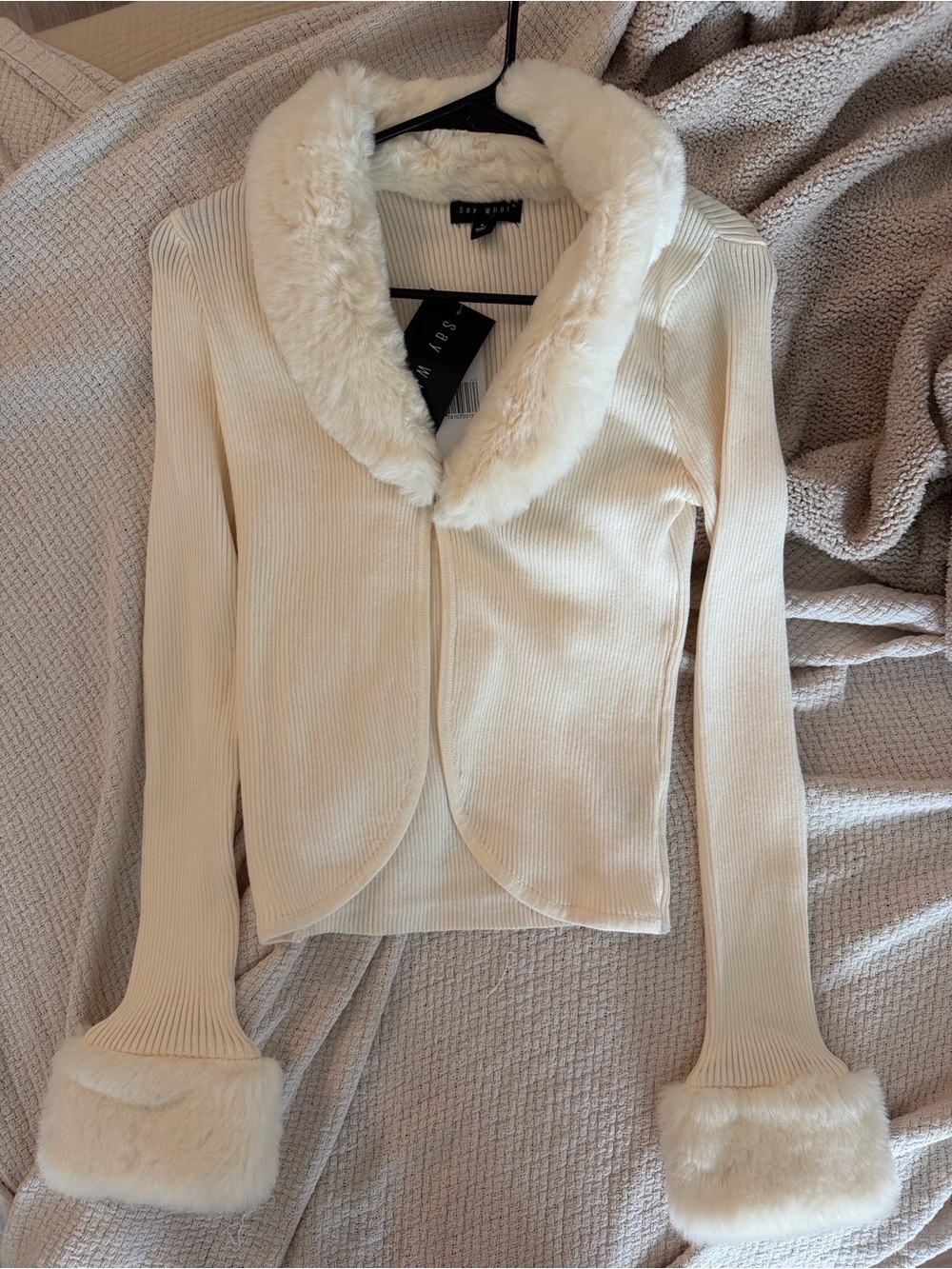Say What? Cream Faux-Fur Trim Ribbed Sweater Cardigan